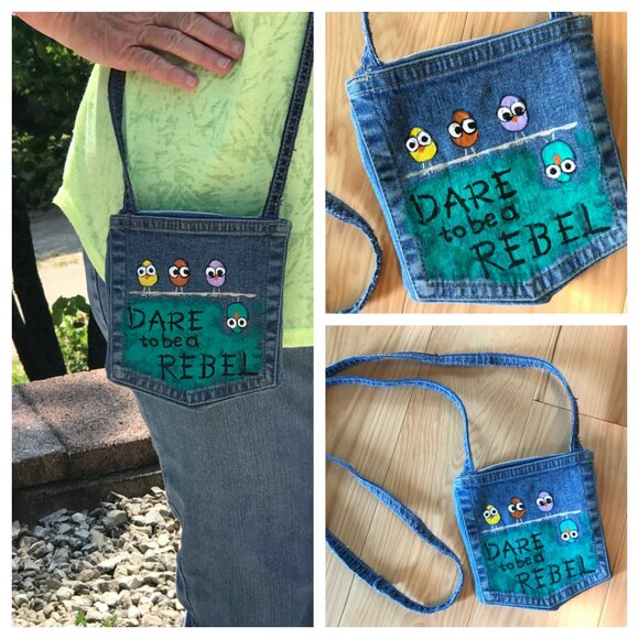 Crossbody Jean Purse: Handmade Over Shoulder Cell Phone Bag, Whimsical Birds - Picture 11 of 11